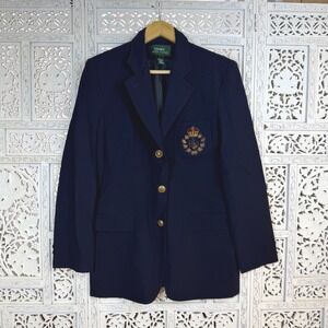 Vtg Lauren Ralph Lauren Wool Navy Blue Crest Patch Preppy Blazer Sz Womens 8